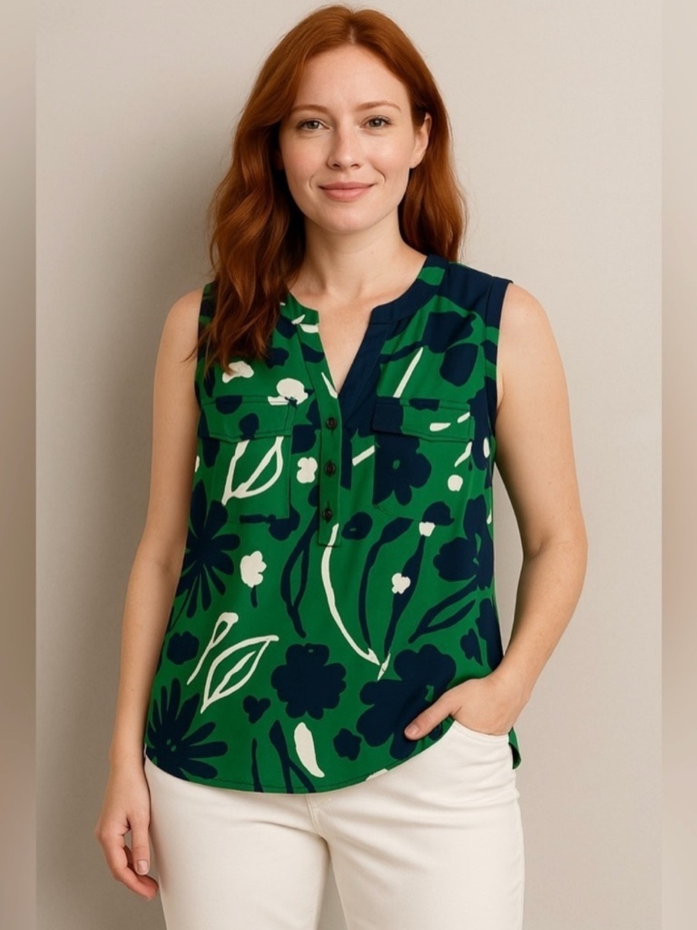 Green Floral Sleeveless Split-Neck Blouse